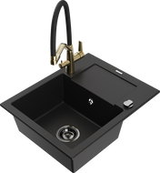 Mexen Enzo granite sink 1-bowl with drainer and Duo kitchen tap, black - 6506-77-671701-57-B