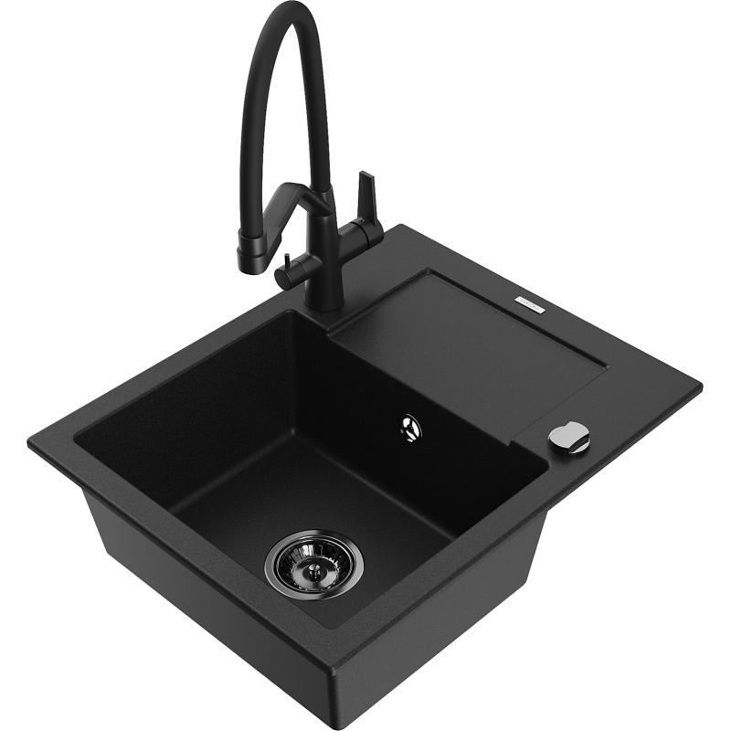 Mexen Enzo évier en granit 1 bac avec égouttoir et robinet de cuisine Duo, noir - 6506-77-671701-70-B