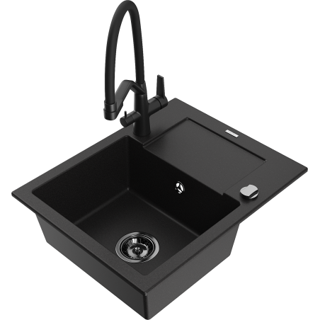 Mexen Enzo granite sink single-bowl with drainer and Duo kitchen tap, black - 6506-77-671701-70-B