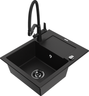 Mexen Enzo granite sink single-bowl with drainer and Duo kitchen tap, black - 6506-77-671701-70-B