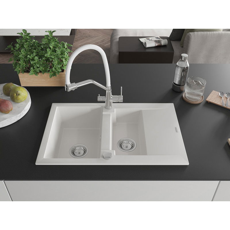 Mexen Gaspar granite sink 1.5-bowl with drainer and Duo kitchen tap, white - 6507-20-671701-02