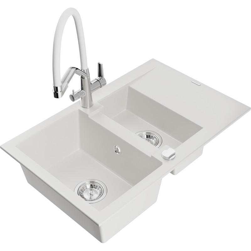 Mexen Gaspar fregadero de granito de 1,5 senos con escurridor y grifo de cocina Duo, blanco - 6507-20-671701-02