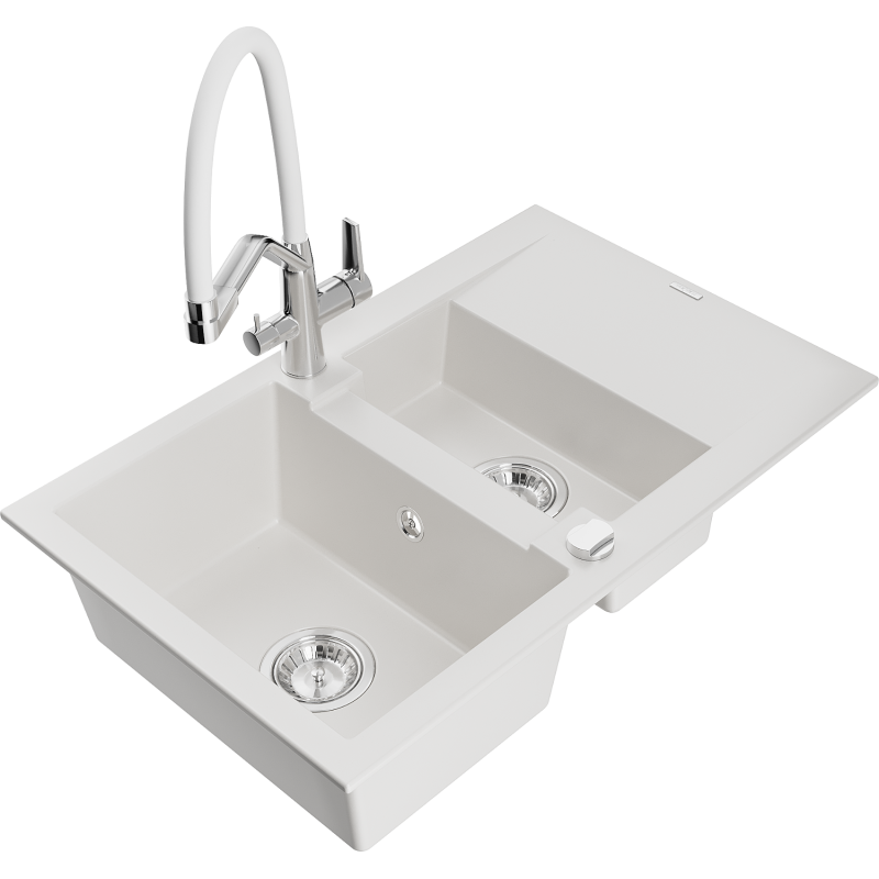 Mexen Gaspar lava-loiça de granito 1,5 cuba com escorredor e torneira de cozinha Duo, branco - 6507-20-671701-02