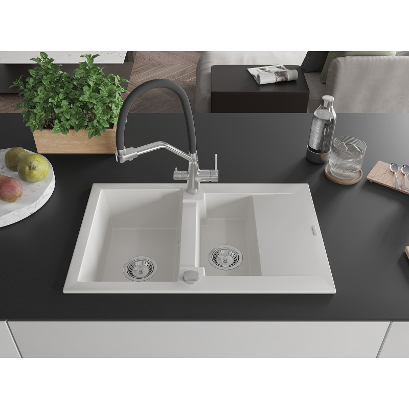 Mexen Gaspar granit gootsteen 1,5-compartiment met afdruiprek en Duo keukenkraan, wit - 6507-20-671701-07