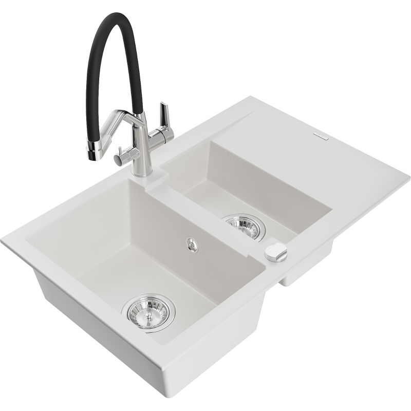 Mexen Gaspar granieten spoelbak 1,5-compartiment met afdruiprek en keukenkraan Duo, wit - 6507-20-671701-07
