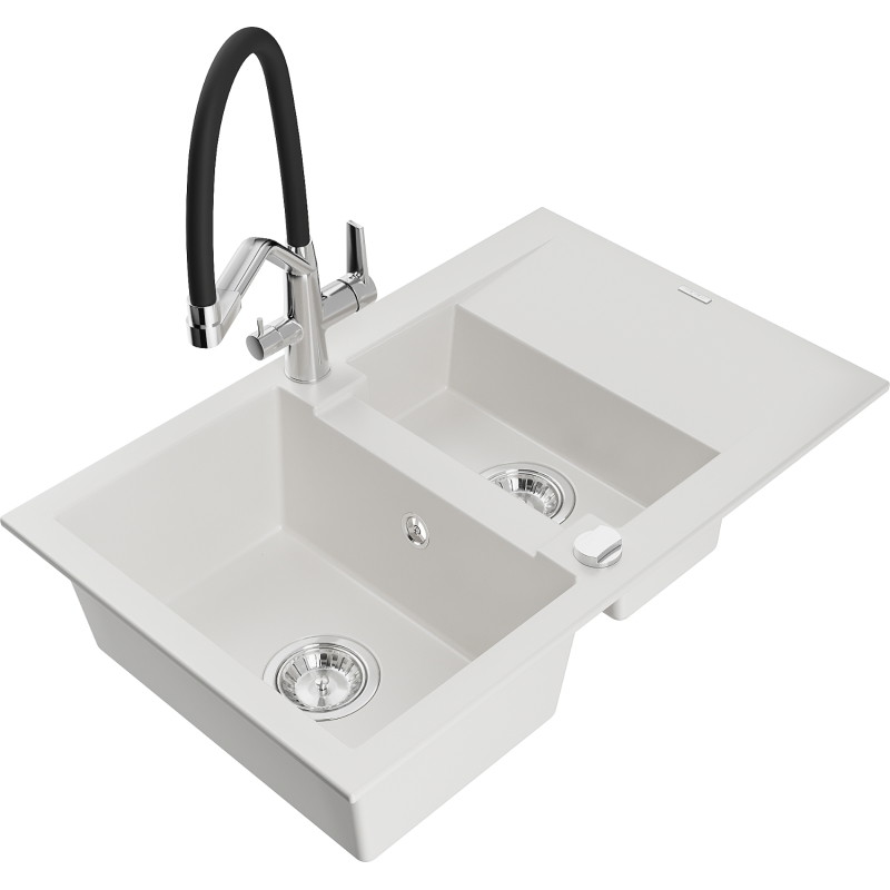Mexen Gaspar granit gootsteen 1,5-compartiment met afdruiprek en Duo keukenkraan, wit - 6507-20-671701-07