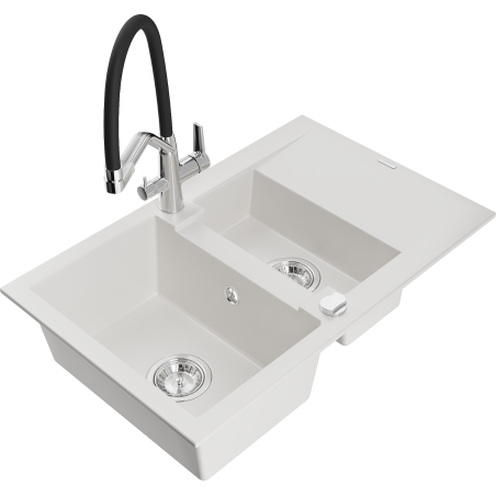 Mexen Gaspar fregadero de granito de 1,5 senos con escurridor y grifo de cocina Duo, blanco - 6507-20-671701-07