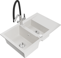 Mexen Gaspar 1.5-bowl granite sink with drainer and Duo kitchen faucet, white - 6507-20-671701-07