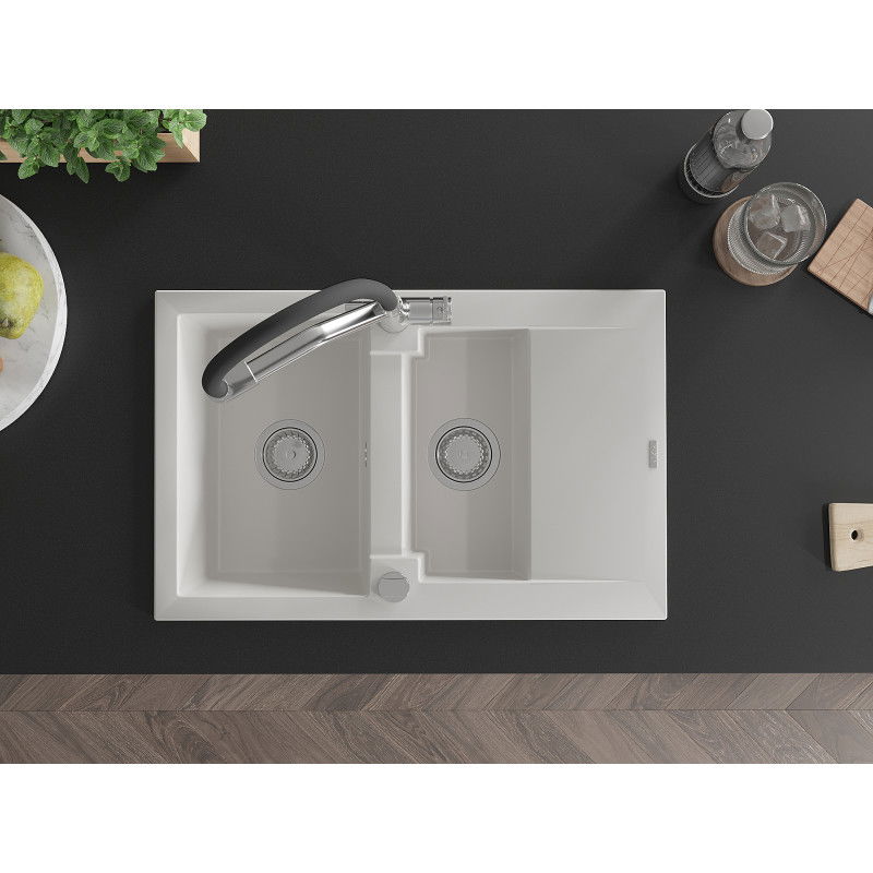Mexen Gaspar granite sink 1.5-bowl with drainer and Duo kitchen tap, white - 6507-20-671701-07