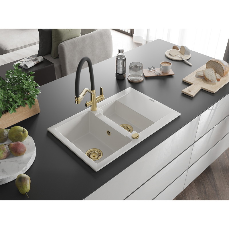 Mexen Gaspar évier granit 1,5 bac avec égouttoir et robinet de cuisine Duo, blanc - 6507-20-671701-57-G