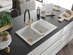 Mexen Gaspar 1.5-bowl granite sink with drainer and Duo kitchen tap, white - 6507-20-671701-57-G