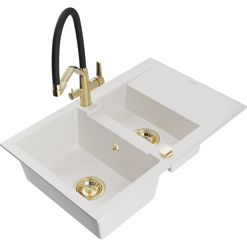Mexen Gaspar fregadero de granito 1,5 senos con escurridor y grifo de cocina Duo, blanco - 6507-20-671701-57-G