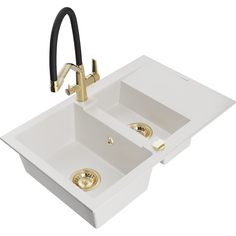 Mexen Gaspar lava-loiça de granito 1,5-câmara com escorredor e torneira de cozinha Duo, branco - 6507-20-671701-57-G