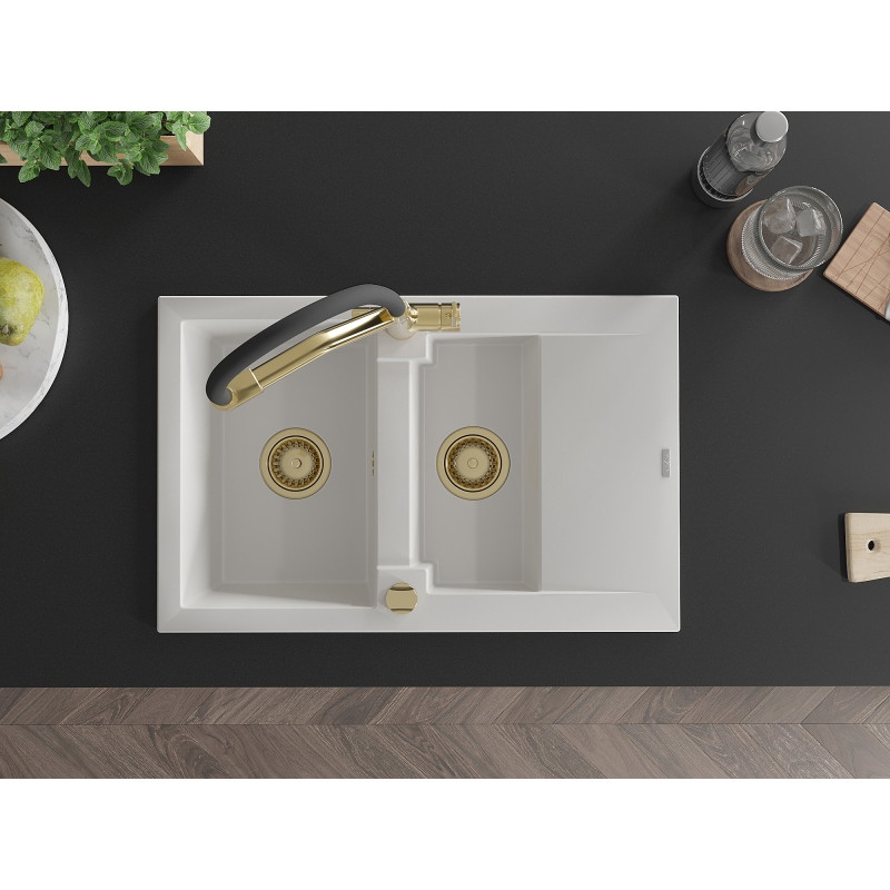 Mexen Gaspar fregadero de granito de 1,5 senos con escurridor y grifo de cocina Duo, blanco - 6507-20-671701-57-G