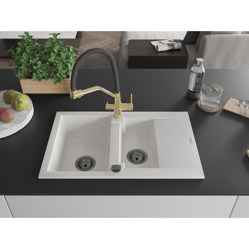 Mexen Gaspar fregadero de granito de 1,5 senos con escurridor y grifo de cocina Duo, blanco - 6507-20-671701-57-B