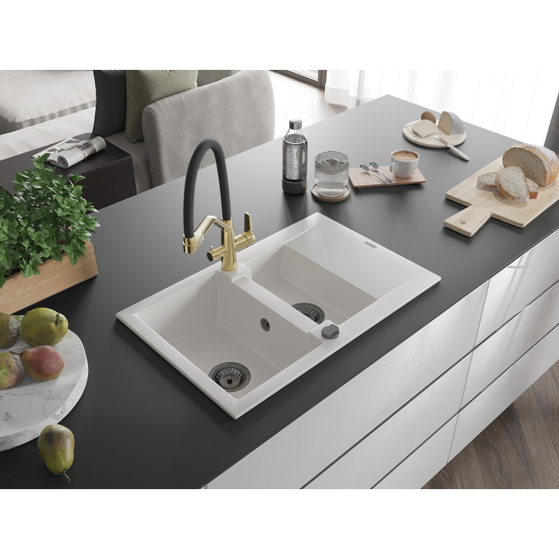 Mexen Gaspar fregadero de granito de 1,5 senos con escurridor y grifo de cocina Duo, blanco - 6507-20-671701-57-B