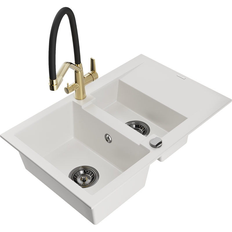 Mexen Gaspar évier en granit à 1,5 bac avec égouttoir et robinet de cuisine Duo, blanc - 6507-20-671701-57-B