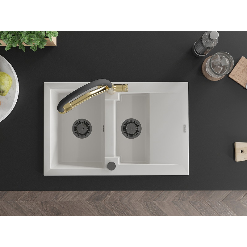 Mexen Gaspar fregadero de granito de 1,5 senos con escurridor y grifo de cocina Duo, blanco - 6507-20-671701-57-B