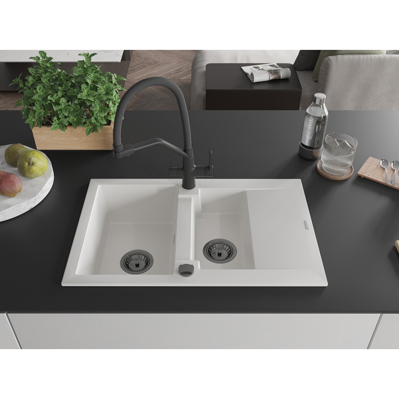 Mexen Gaspar fregadero de granito de 1,5 cubetas con escurridor y grifo de cocina Duo, blanco - 6507-20-671701-70-B