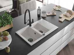 Mexen Gaspar fregadero de granito de 1,5 senos con escurridor y grifo de cocina Duo, blanco - 6507-20-671701-70-B