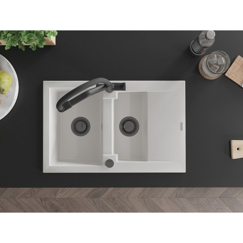 Mexen Gaspar fregadero de granito de 1,5 senos con escurridor y grifo de cocina Duo, blanco - 6507-20-671701-70-B