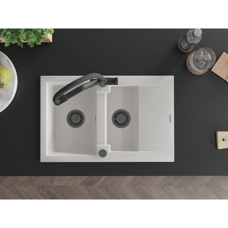 Mexen Gaspar lavello in granito 1,5 vasca con sgocciolatoio e miscelatore Duo, bianco - 6507-20-671701-70-B