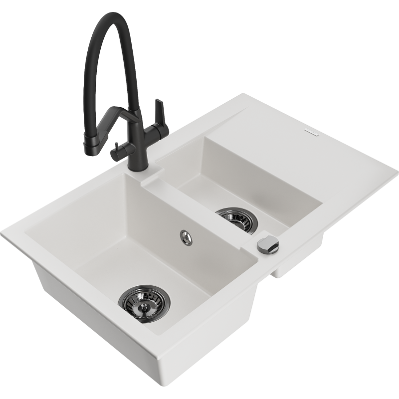 Mexen Gaspar fregadero de granito de 1,5 senos con escurridor y grifo de cocina Duo, blanco - 6507-20-671701-70-B
