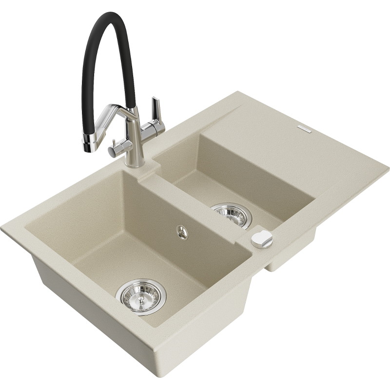 Mexen Gaspar granitische spoelbak 1,5-komors met druiprek en keukenmengkraan Duo, beige - 6507-69-671701-07