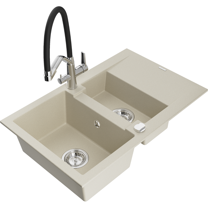 Mexen Gaspar Granitspüle 1,5-fach mit Abtropffläche und Küchenarmatur Duo, beige - 6507-69-671701-07