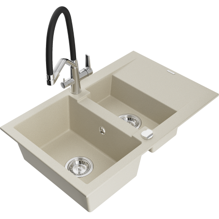 Mexen Gaspar 1.5-bowl granite sink with drainer and Duo kitchen tap, beige - 6507-69-671701-07