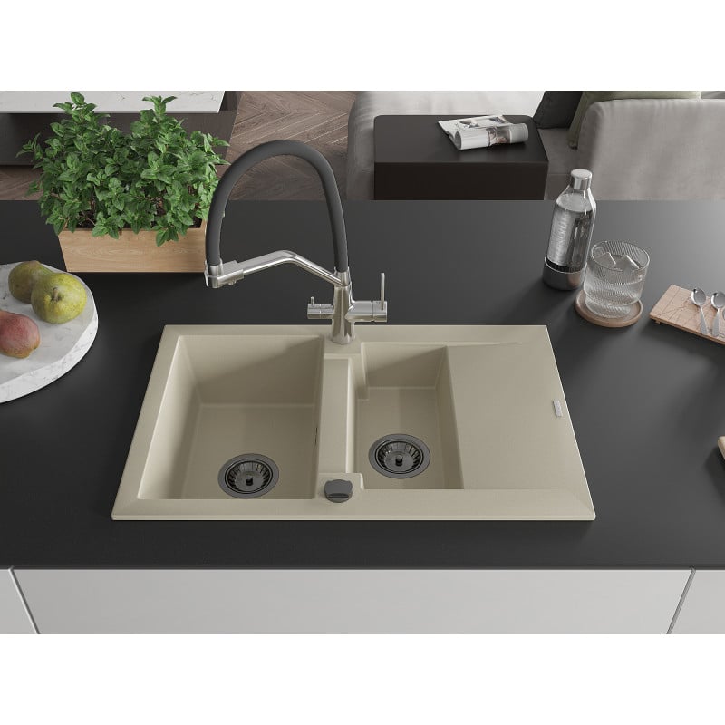 Mexen Gaspar fregadero de granito 1,5 senos con escurridor y grifo de cocina Duo, beige - 6507-69-671701-07-B