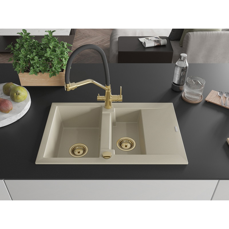 Mexen Gaspar granit gootsteen 1,5-komorige met afdruiprek en Duo keukenmengkraan, beige - 6507-69-671701-57-G