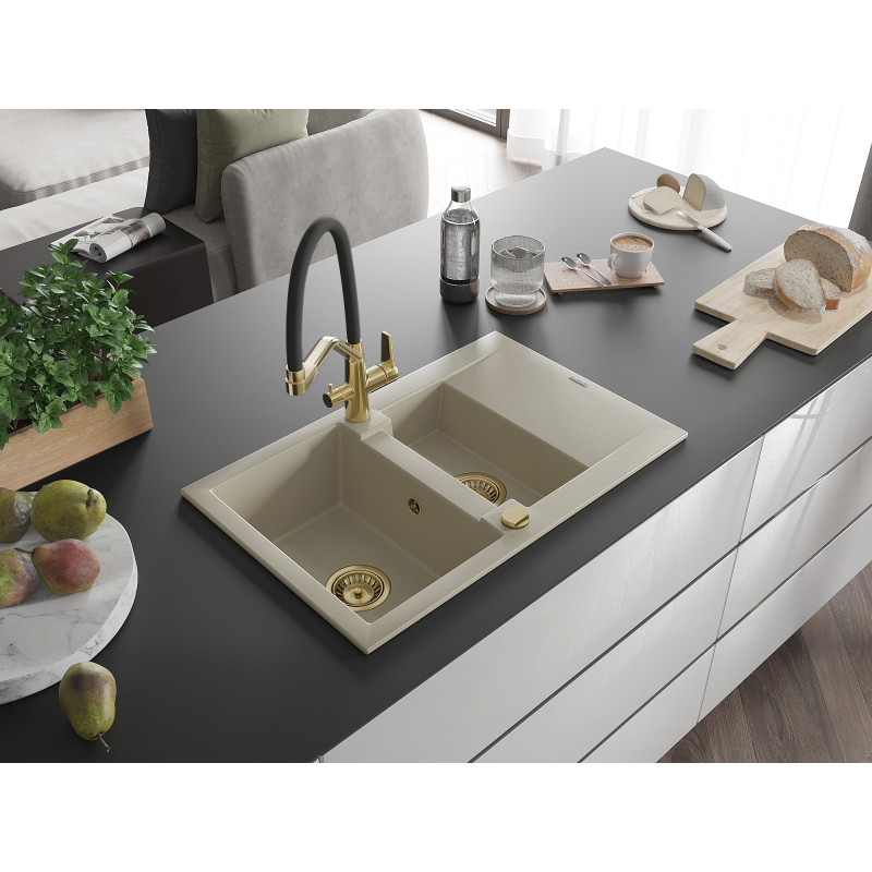 Mexen Gaspar granit gootsteen 1,5-komorige met afdruiprek en Duo keukenmengkraan, beige - 6507-69-671701-57-G