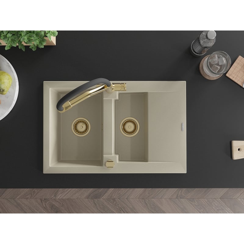 Mexen Gaspar 1.5-bowl granite sink with drainer and Duo kitchen faucet, beige - 6507-69-671701-57-G