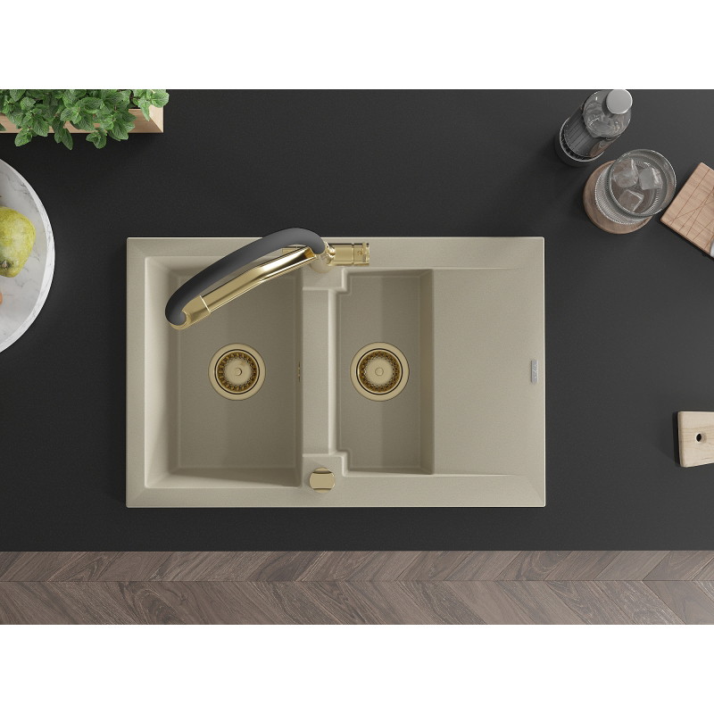 Mexen Gaspar fregadero de granito de 1,5 senos con escurridor y grifo de cocina Duo, beige - 6507-69-671701-57-G