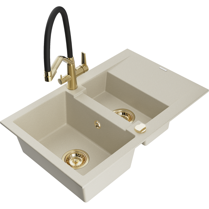 Mexen Gaspar évier en granit 1,5 bac avec égouttoir et robinet de cuisine Duo, beige - 6507-69-671701-57-G