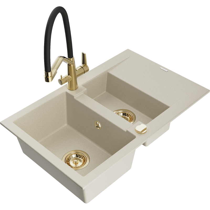 Mexen Gaspar granite sink, 1.5-bowl with drainer and Duo kitchen tap, beige - 6507-69-671701-57-G