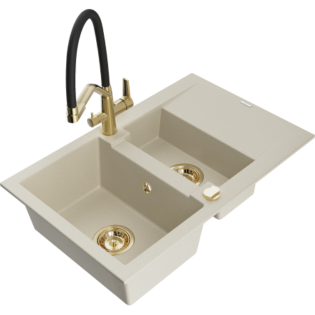 Mexen Gaspar granitny izlietne ar 1,5 kameru, notekas un duo virtuves jaucējkrānu, bēšs - 6507-69-671701-57-G