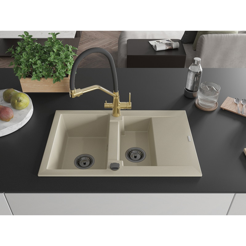 Mexen Gaspar 1,5-compartiment granieten gootsteen met afdruiprek en Duo keukenkraan, beige - 6507-69-671701-57-B