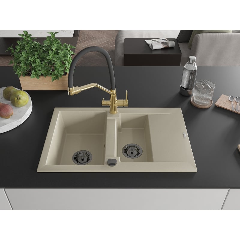 Mexen Gaspar granite kitchen sink 1.5-bowl with drainer and Duo kitchen faucet, beige - 6507-69-671701-57-B