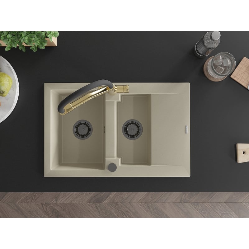 Mexen Gaspar granite kitchen sink 1.5-bowl with drainer and Duo kitchen faucet, beige - 6507-69-671701-57-B