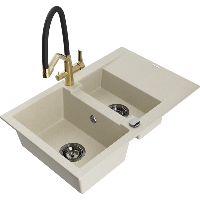 Mexen Gaspar 1.5-bowl granite sink with drainer and Duo kitchen tap, beige - 6507-69-671701-57-B