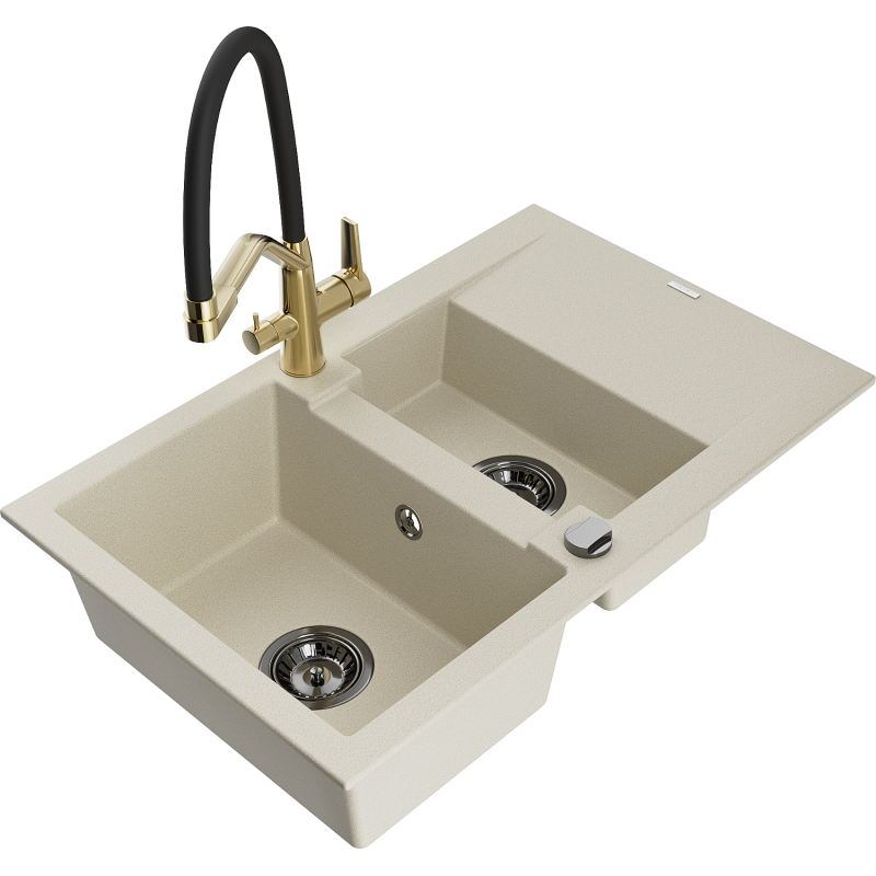 Mexen Gaspar granitdiskho 1,5-fack med avrinningsyta och köksblandare Duo, beige - 6507-69-671701-57-B