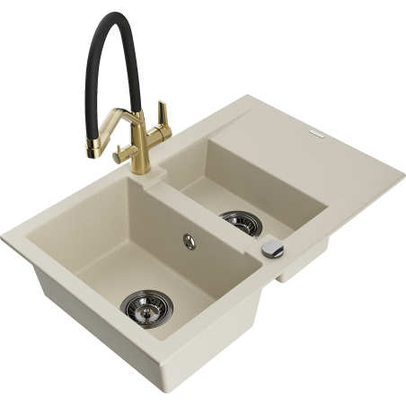 Mexen Gaspar granite kitchen sink 1.5-bowl with drainer and Duo kitchen faucet, beige - 6507-69-671701-57-B