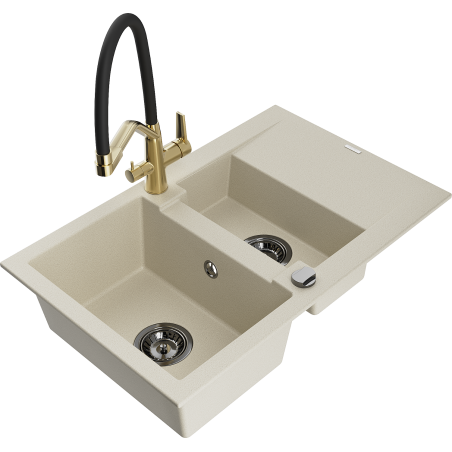 Mexen Gaspar Granitspüle 1,5-beckig mit Abtropffläche und Küchenarmatur Duo, beige - 6507-69-671701-57-B