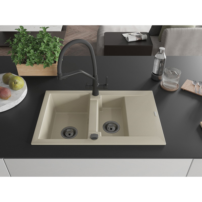Mexen Gaspar lavello in granito a 1,5 vasca con sgocciolatoio e rubinetto da cucina Duo, beige - 6507-69-671701-70-B