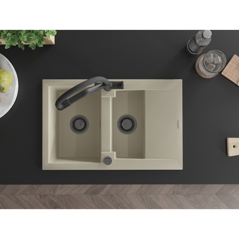 Mexen Gaspar lavello in granito a 1,5 vasca con sgocciolatoio e rubinetto da cucina Duo, beige - 6507-69-671701-70-B