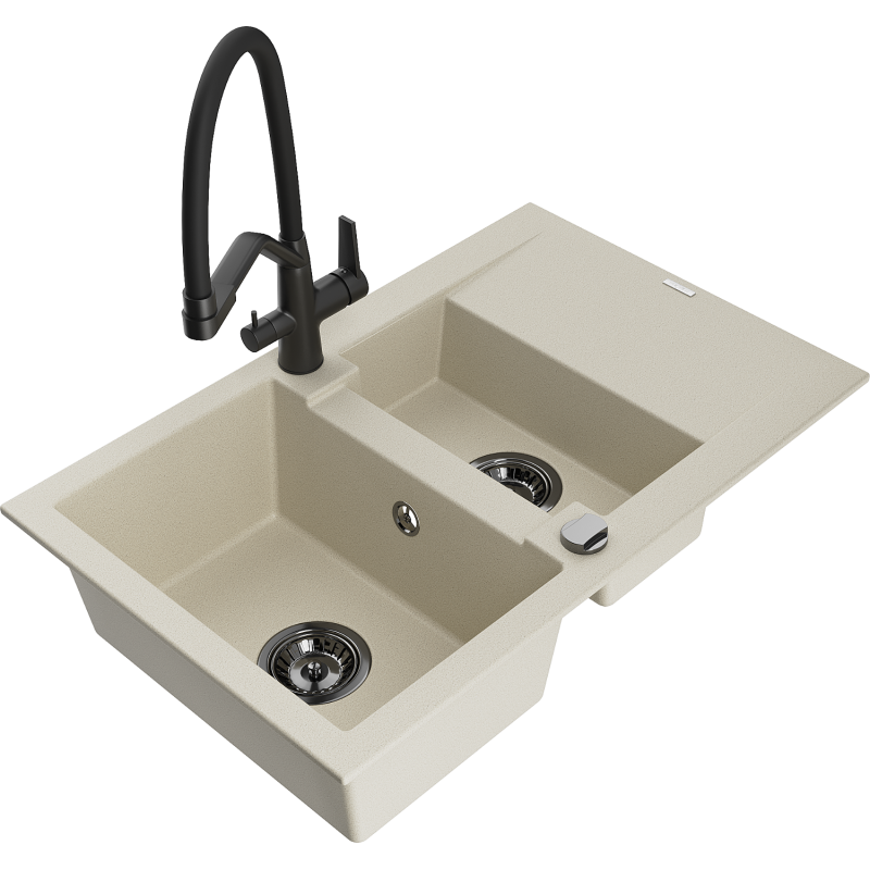 Mexen Gaspar granieten gootsteen 1,5-kamer met afdruiprek en keukenmengkraan Duo, beige - 6507-69-671701-70-B