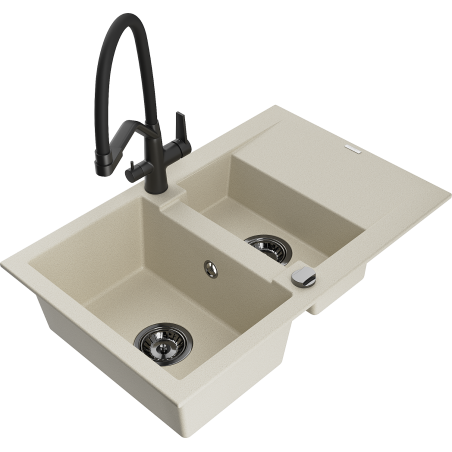Mexen Gaspar lavello in granito 1,5 vasca con gocciolatoio e rubinetto da cucina Duo, beige - 6507-69-671701-70-B