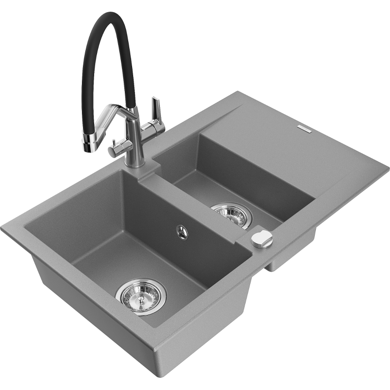 Mexen Gaspar fregadero de granito de 1,5 senos con escurridor y grifo de cocina Duo, gris - 6507-71-671701-07